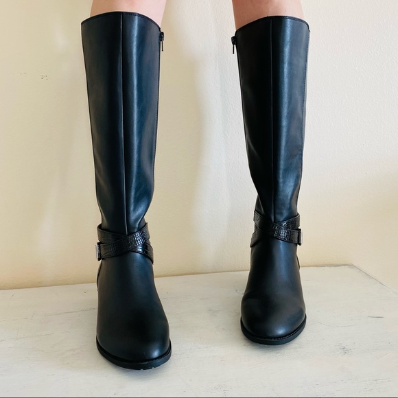 New Bandolino Noles Knee High Black Croc Skin Ankle Strap Tall Riding Boots - Picture 2 of 9